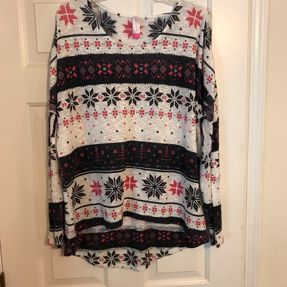 Cream, red and green snowflake high low sweater